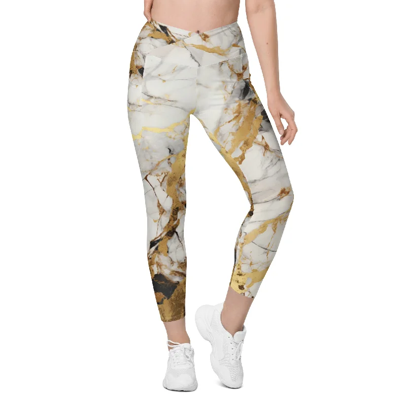 Modern Tailoring White & Gold Marble Crossover Leggings With Pockets