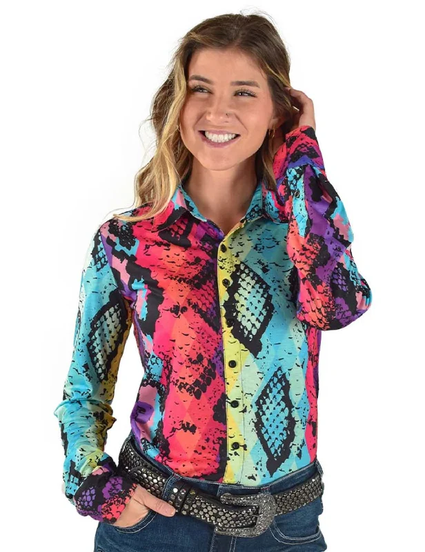 Warm Chic Cowgirl Tuff Womens Snakeskin Pullover Multi-Color Polyester L/S Shirt