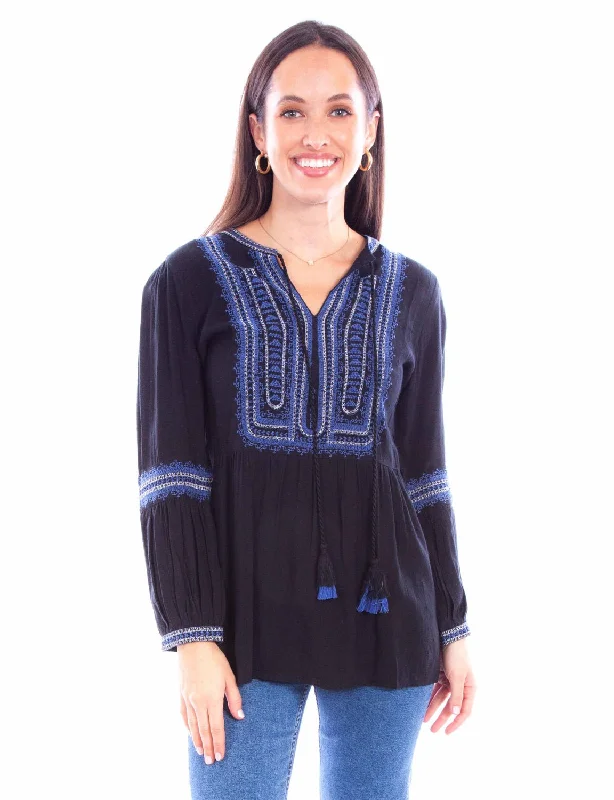 Trendy Looks Scully Womens Embroidered Tie Front Black 100% Cotton L/S Blouse