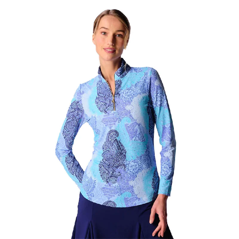 Everyday Style G Lifestyle Long Sleeve Print Zip Mock Neck Top - Blue Paisley