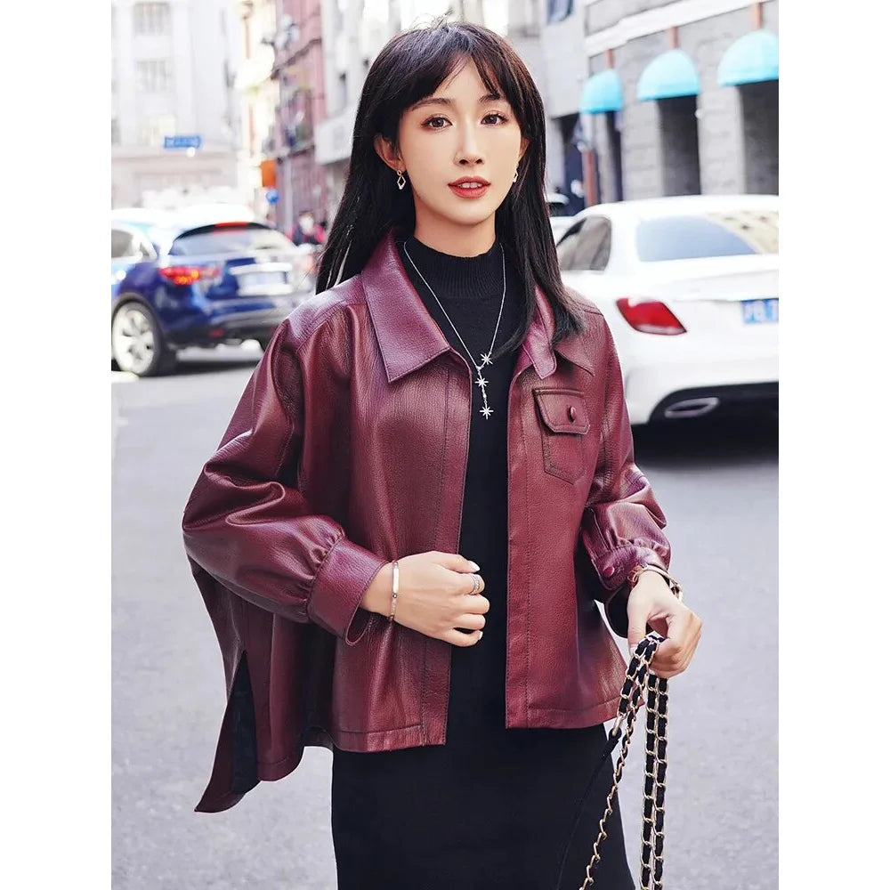 Warm Chic Outfits Women's Genuine Leather Printed Bubble Loose Fit Street Jacket