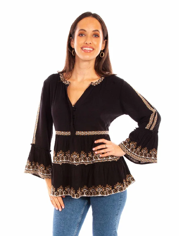 Cozy Shirts Scully Womens Split Neck Button Black 100% Cotton L/S Tunic