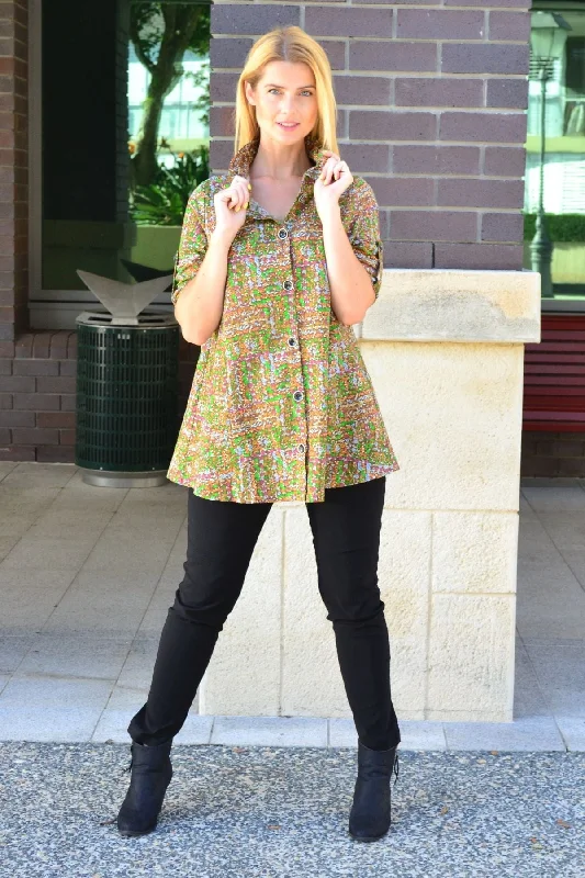 Relaxed Fit Wear Green Pattern Pocket High Collar Tunic Shirt