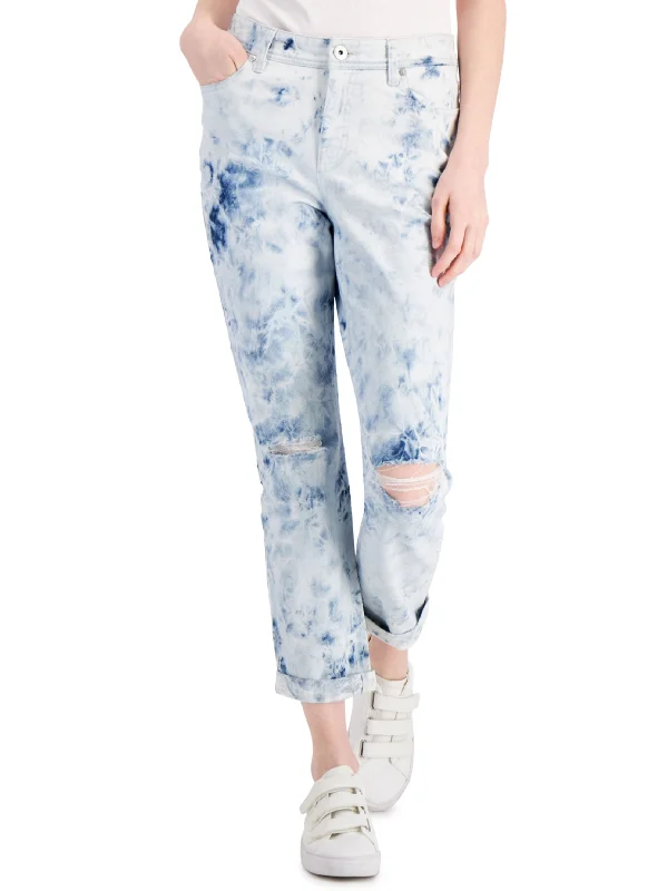 British Style Women's Washed Ripped Boyfriend Jeans ,White/Blue