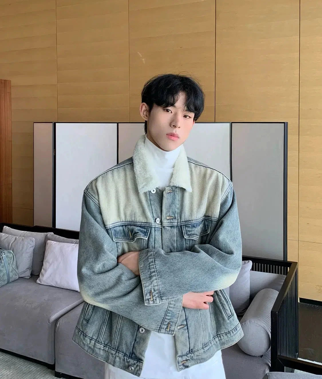 Sports Cool Retro Lambskin Wool Collar Denim Jacket