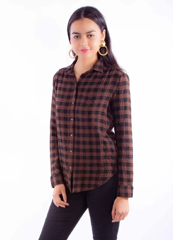 Everyday Outfits Scully Womens Plaid Button Up Brown Rayon Blend L/S Blouse