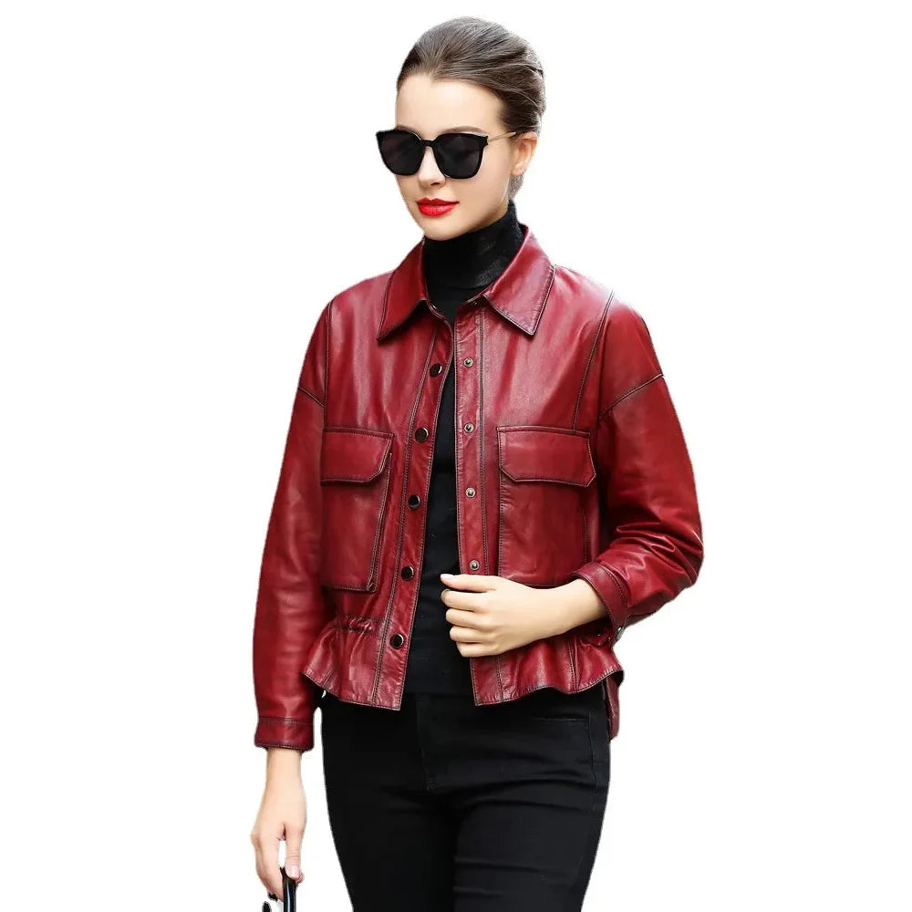 Slim Fit Women's Spring Fashion Sheepskin Leather Streetwear Short Jackets