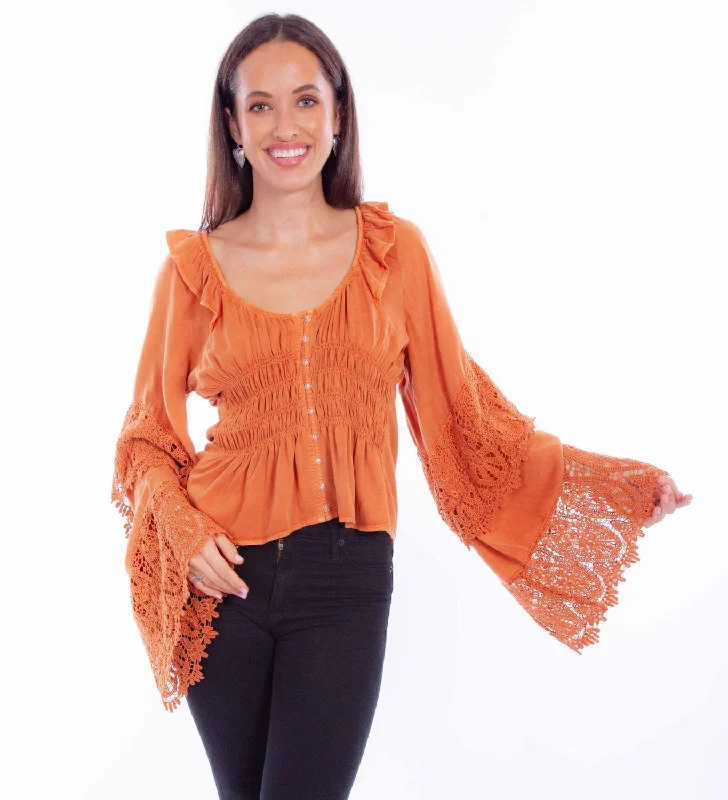 Versatile Outfits Scully Womens Ruffle Crochet Russet 100% Rayon L/S Blouse