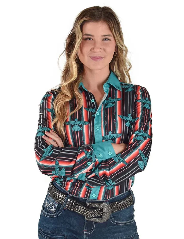 Stylish Casuals Cowgirl Tuff Womens Thunderbird Pullover Multi-Color Polyester L/S Shirt
