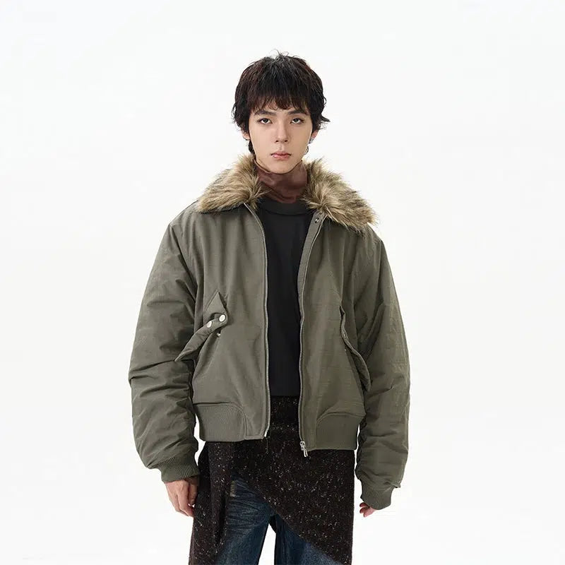 Noble Temperament Faux Fur Collar Bomber Jacket