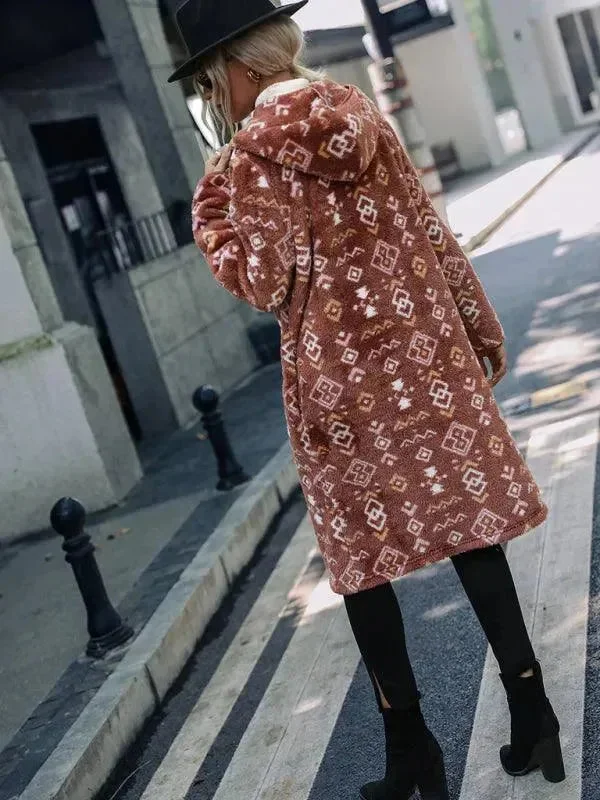 Comfortable And Simple Printed Hooded Women Trench Coat