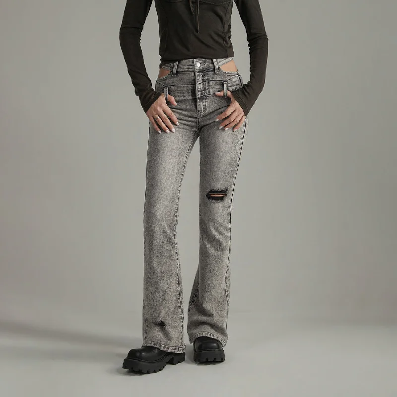 Relaxed Style Waist Slit Bootcut Ripped Denim Jeans