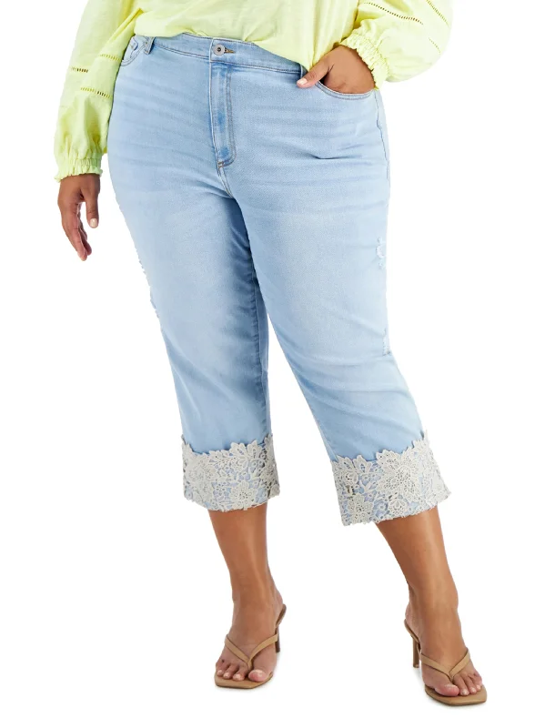 Sweet Breath Women's Lace Cuff Ripped Cropped Jeans,Light Blue