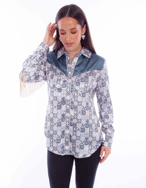 Soft Looks Scully Womens Contrast Yokes Ivory 100% Polyester L/S Blouse