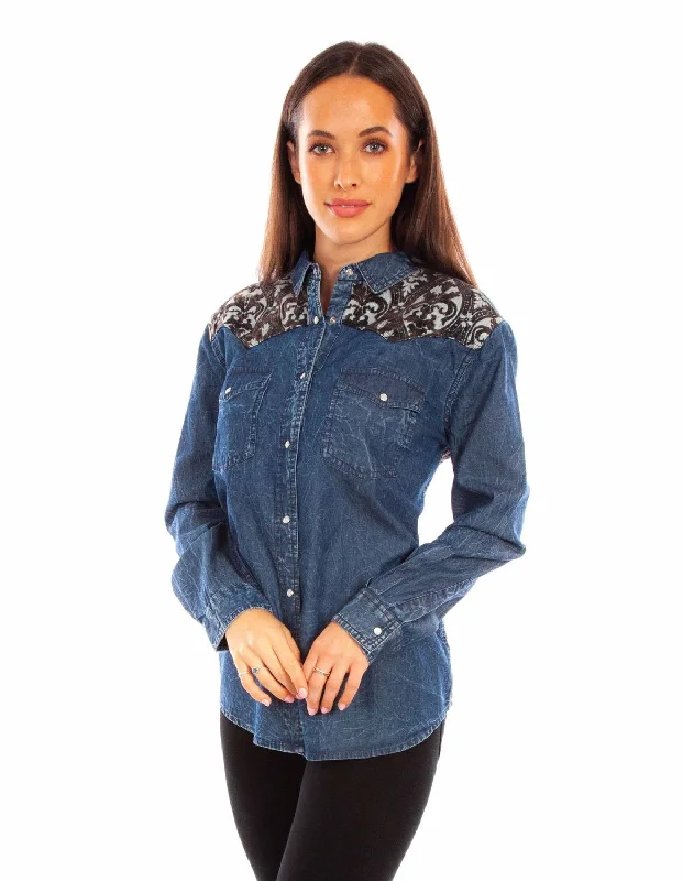 Light Comfort Scully Womens Jacquard Back Denim 100% Cotton L/S Blouse