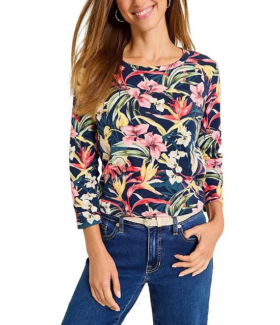 Easy Chic Wear Tommy Bahama Women's Ashby Villa Garden 3/4 Sleeve T-Shirt - Black