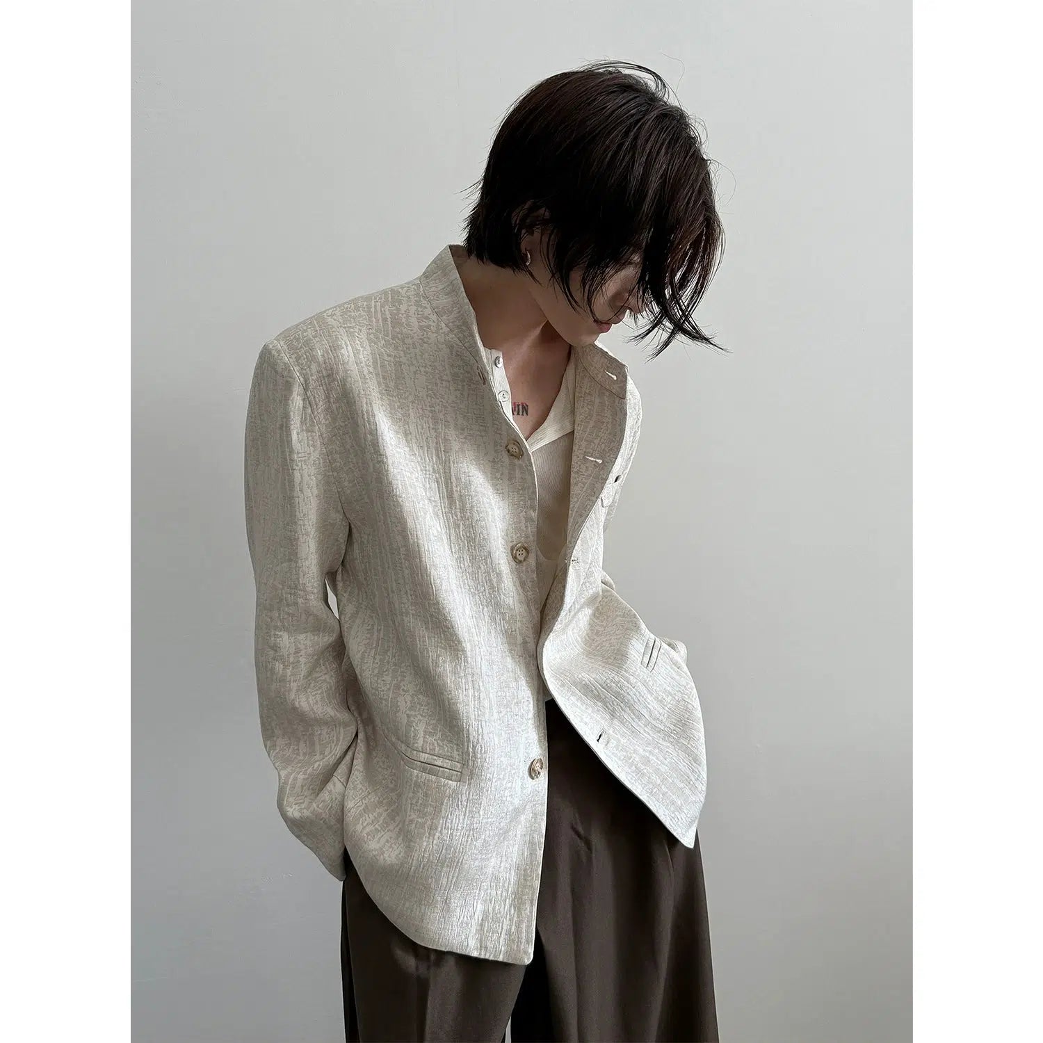 Mid-length Style Retro Jacquard Stand Collar Suit Jacket
