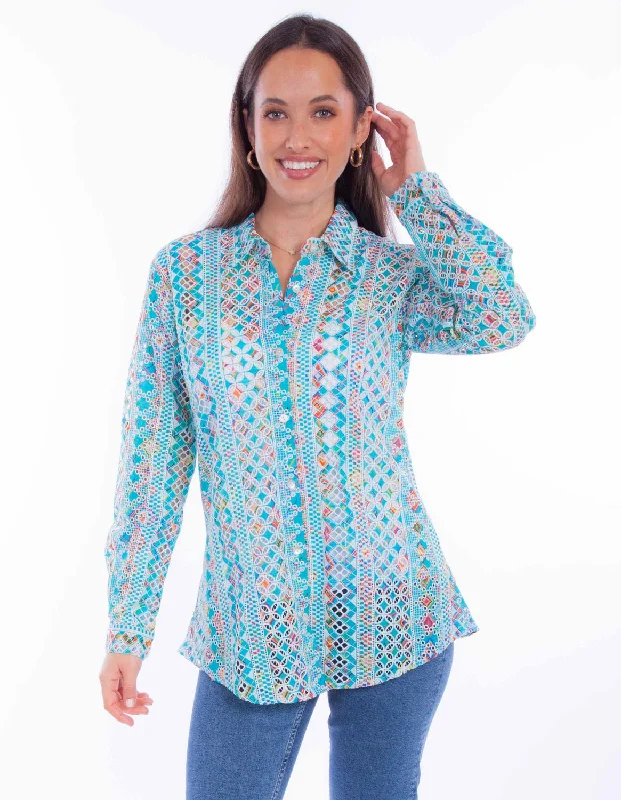Weekend Comfort Wear Scully Womens Eyelet Button Turquoise 100% Cotton L/S Blouse