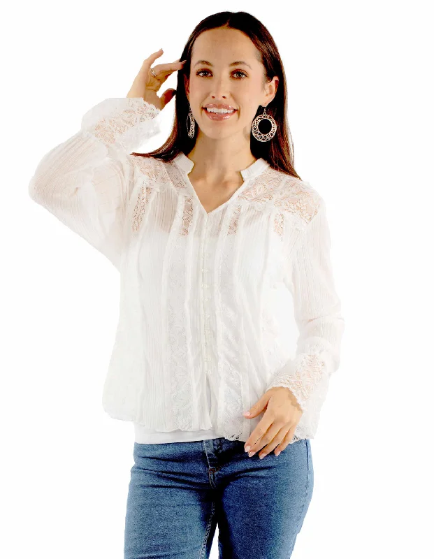 Relaxed Tops Scully Womens Soft Knit Lace White Rayon Blend L/S Blouse