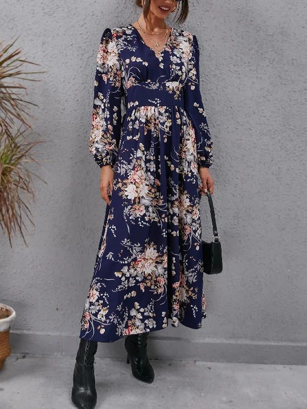 Light Fit All Over Print Long Sleeve V Neck Flared High Waist Long Dress