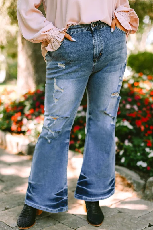 High-end Wear Plus Size Distressed Flare Jeans with Pockets