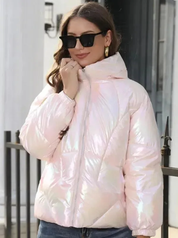 Comfortable Design Shiny Hooded Women Parka Jacket