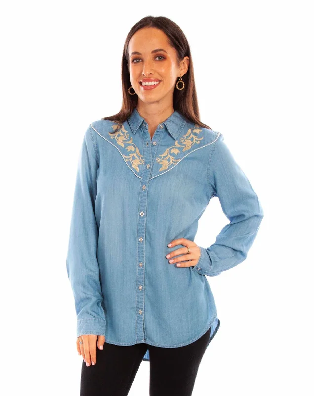 Cozy Chic Wear Scully Womens Tan Embroidery Blue 100% Tencel L/S Shirt