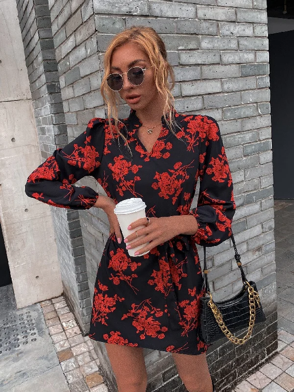 Easy Chic All Over Print High Low Long Sleeve Notched Straight High Waist Short Dress