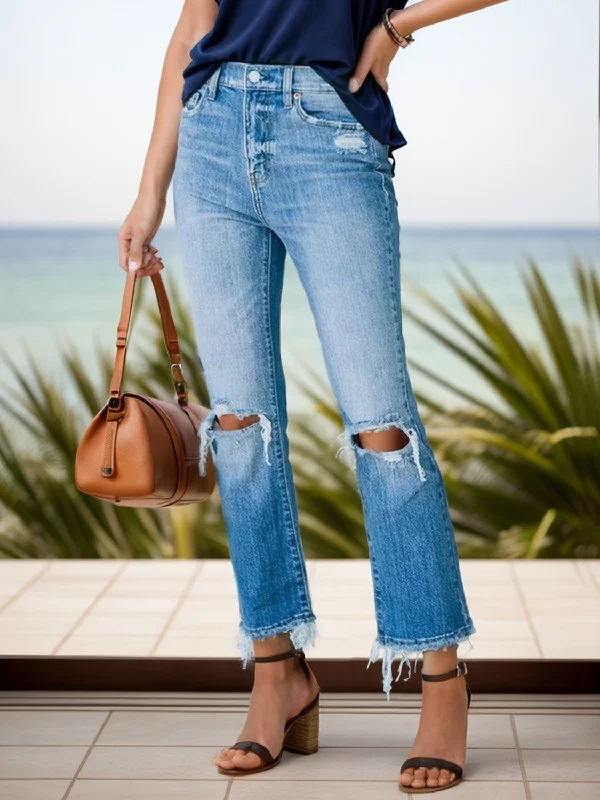 Summer Comfort Distressed Raw Hem Jeans with Pockets