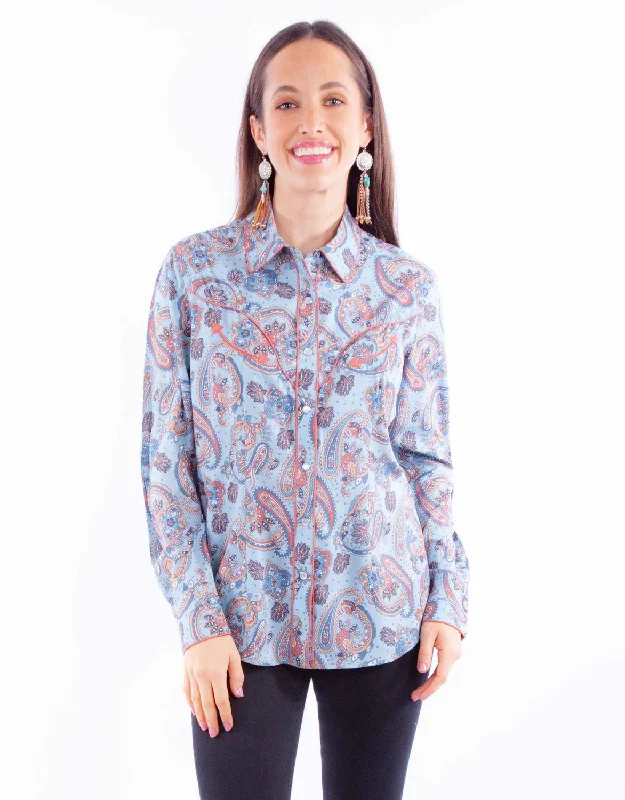 Casual Fit Wear Scully Womens Western Paisley Blue 100% Rayon L/S Shirt