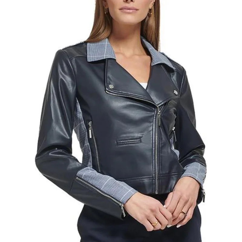 Warm And Comfortable DKNY Womens Plaid Trim Long Sleeve Motorcycle Jacket