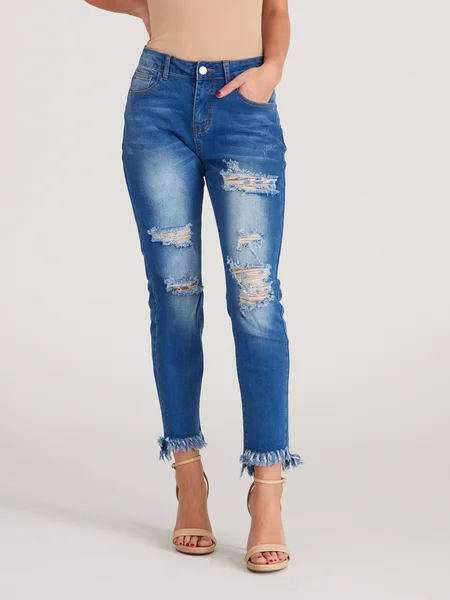 Easygoing Style High Waisted Super Stretchy Fringe Hem Crop Jeans H7XHRQETKN