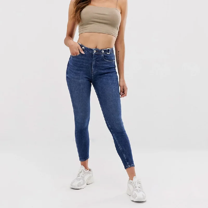 Timeless Comfort Women's High Waisted Skinny Jeans With Buckle,Dark Blue