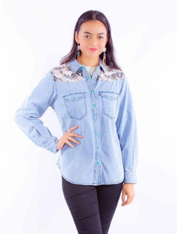 Timeless Style Scully Womens Running Horses Scene Denim Cotton Blend L/S Shirt