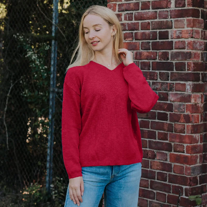 Comfortable Fashion Looks Avalin Long Sleeve Crop V-Neck Slub Sweater - Red