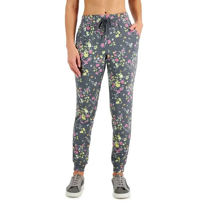 Versatile Comfort Wear ID Ideology Women's Floral Print Pansy Slim Fit Drawstring Jogging Pants Gray Size X-Large - XL
