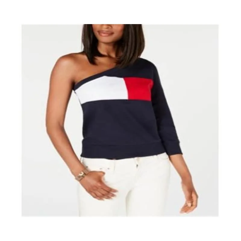 Relaxed Fits Tommy Hilfiger Women's One Shoulder Colorblocked Sweatshirt Blue Size Medium Relaxed Fits Tommy Hilfiger Women's One Shoulder Colorblocked Sweatshirt Blue Size Medium