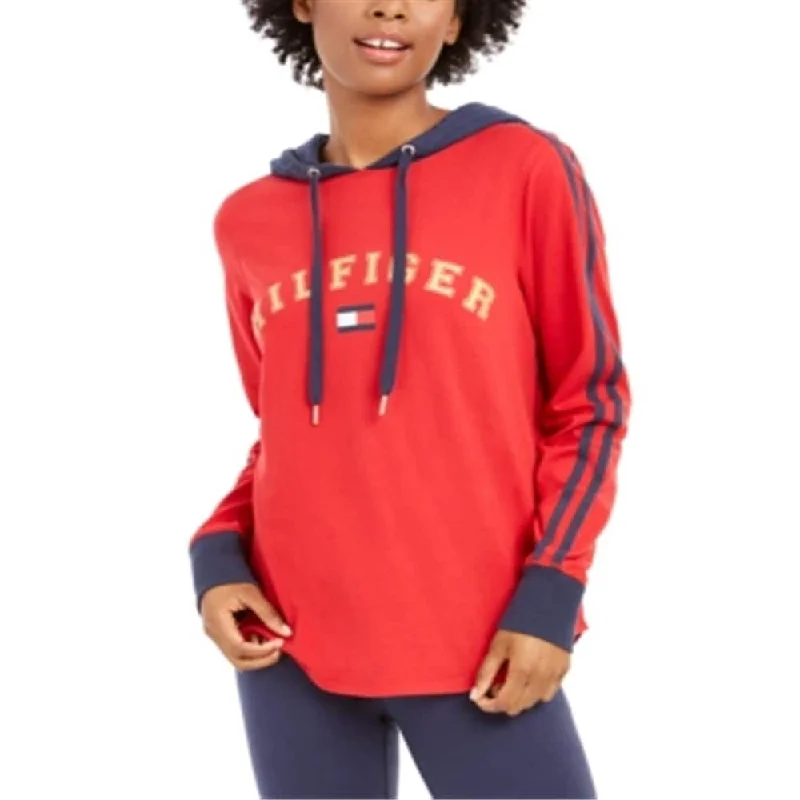 Breezy Outfits Tommy Hilfiger Women's Sport Striped Sleeve Logo Hoodie Red Size X-Large - XL Breezy Outfits Tommy Hilfiger Women's Sport Striped Sleeve Logo Hoodie Red Size X-Large - XL