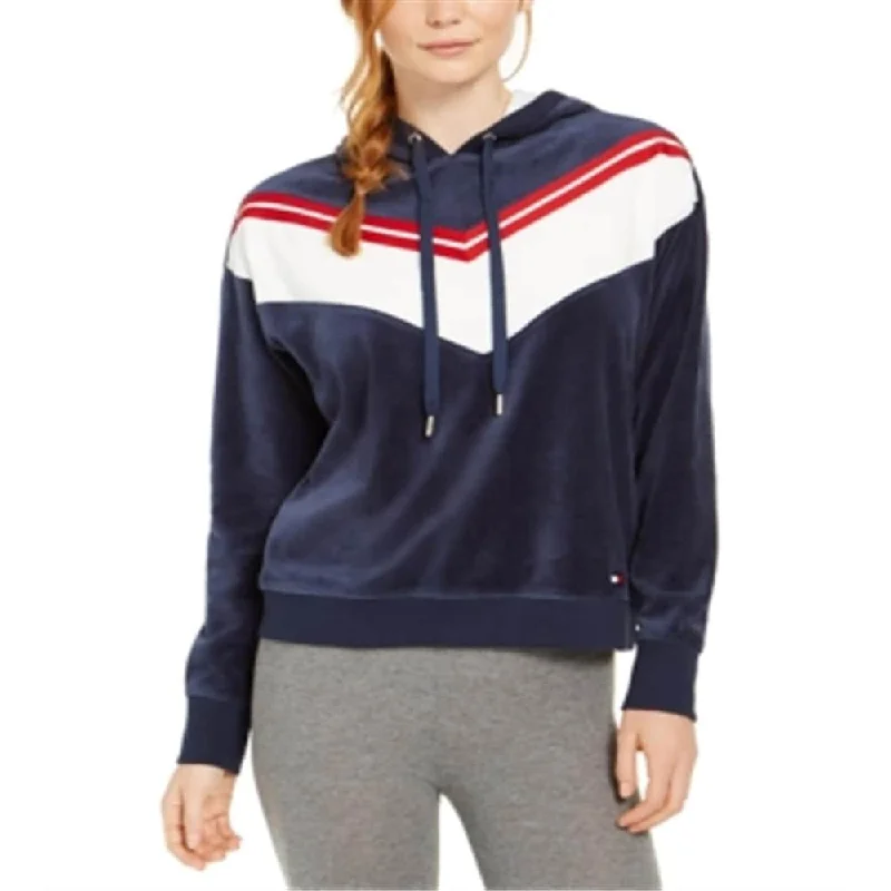 Elegant Style Tommy Hilfiger Women's Sport Velour Chevron Pullover Hoodie Blue Size XX-Large - XXL Elegant Style Tommy Hilfiger Women's Sport Velour Chevron Pullover Hoodie Blue Size XX-Large - XXL
