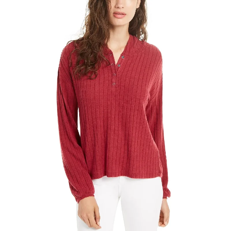 Cozy Sweaters Ultra Flirt Juniors' Cozy Ribbed Henley Hoodie Dark Red Size Small