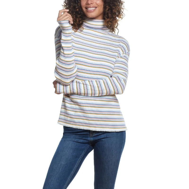 French Style Weatherproof Vintage Women's Yarn Dye Stripe Rib Turtle Neck Top White Size Small