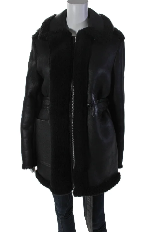 Sports And Leisure ACNE Studios Womens Leather Shearling Lined Double Zip Coat Black Sports And Leisure ACNE Studios Womens Leather Shearling Lined Double Zip Coat Black