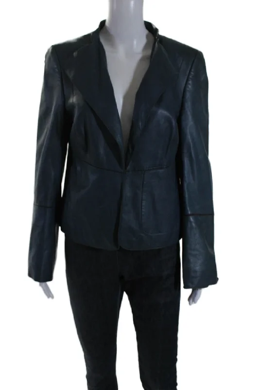 Akris Womens Leather Draped Front Split Hem Blazer Jacket Teal Blue