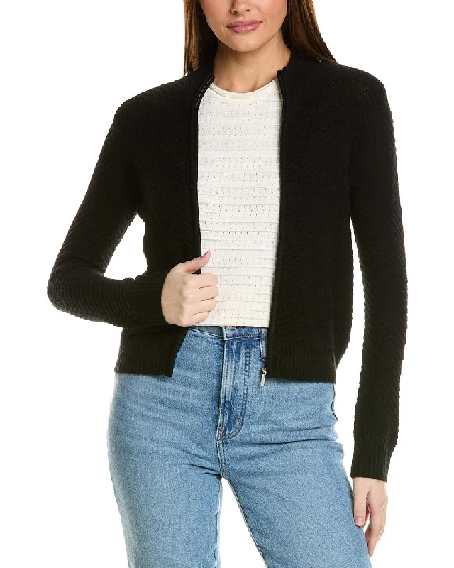 Cozy Lounge Wear Amicale Cashmere Textured Zip Cashmere Bomber Jacket