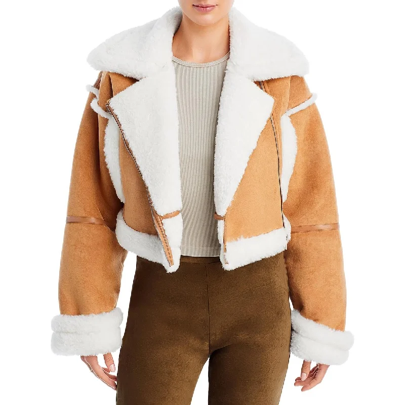 Elegant Style Avec Les Filles Womens Faux Fur Trim Crop Motorcycle Jacket