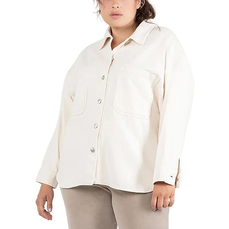 Simple Chic Black Tape_ Womens Plus Shacket Denim Shirt Jacket