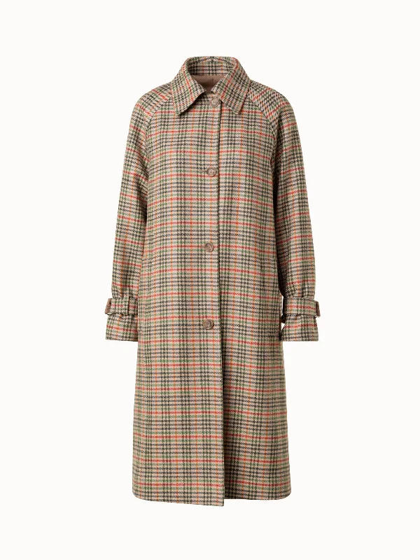 Mid-length Style Checked Wool Stretch Flannel and Silk Taffeta Coat