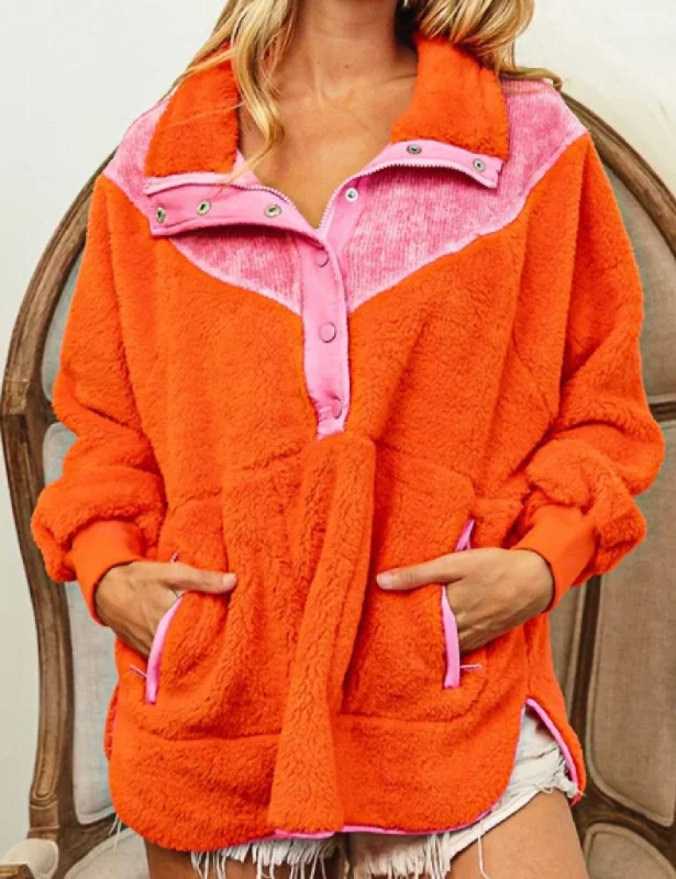 Trendy Traveler Corduroy Neck Half Sherpa Pullover In Pink/blood Orange