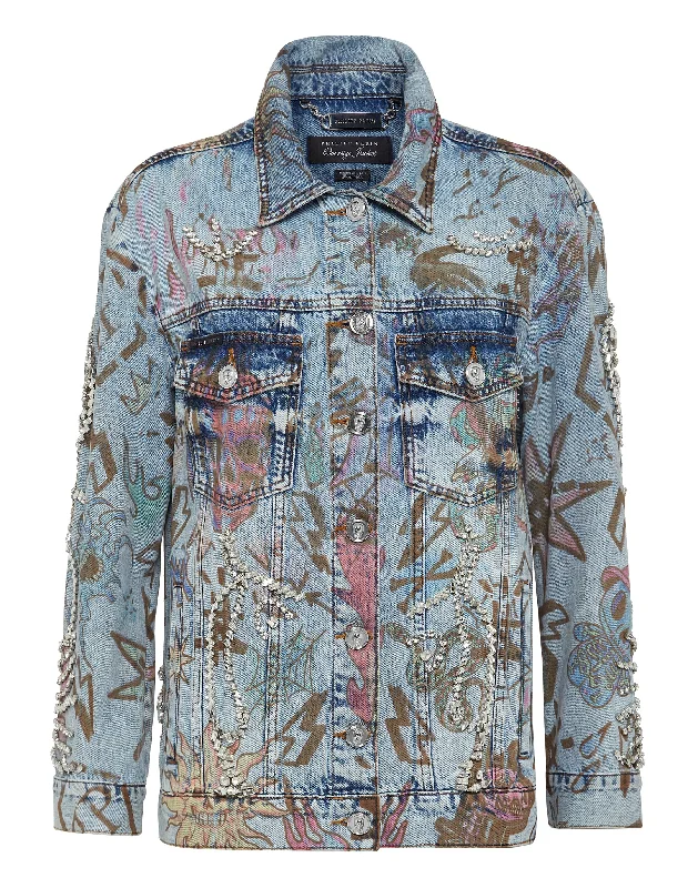 Daily Comfort Denim Jacket Oversize Tattoo Monogram with Crystals