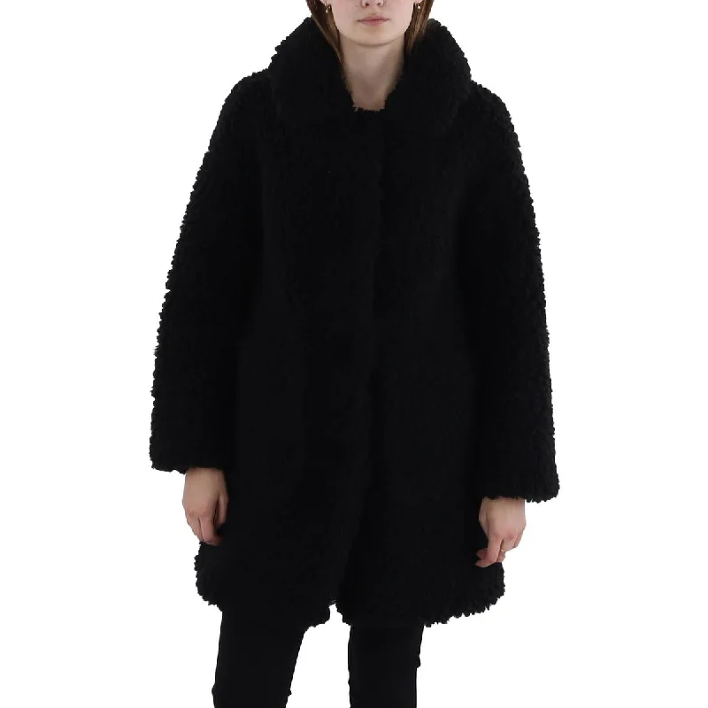 High-end Design DKNY Jeans Womens Sherpa Long Sleeves Faux Fur Coat